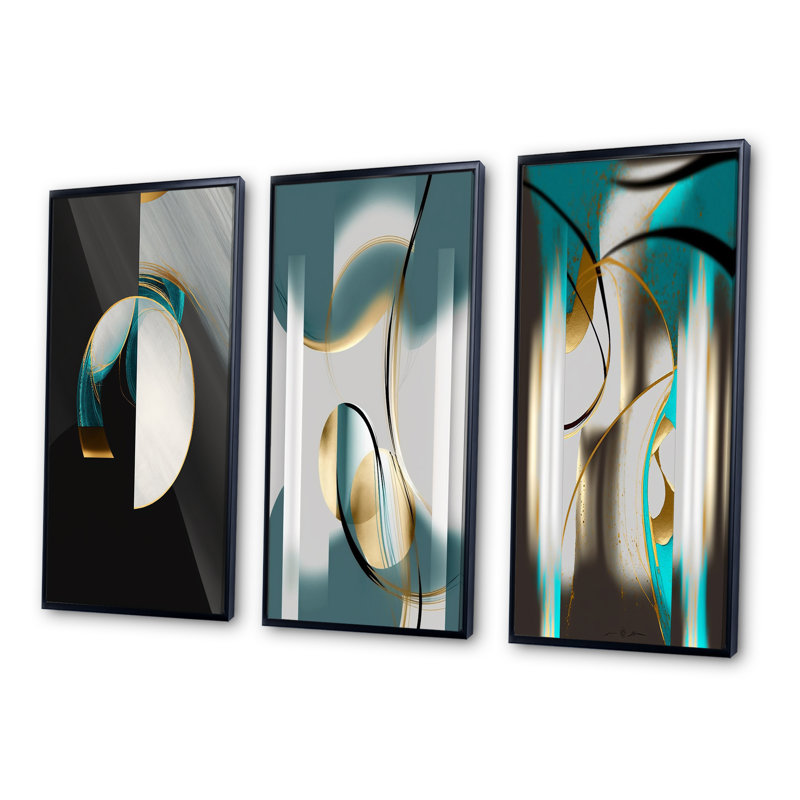 «GOLD TEAL Geometric Elegance Unveilé», 3 pièces sur toile, Cadre flottant noir, H 40 po x l 60 po