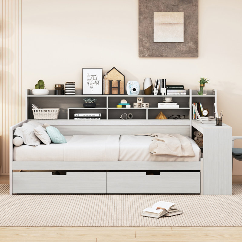 Lit de jour en bois avec tablettes de rangement, Naturel, Double