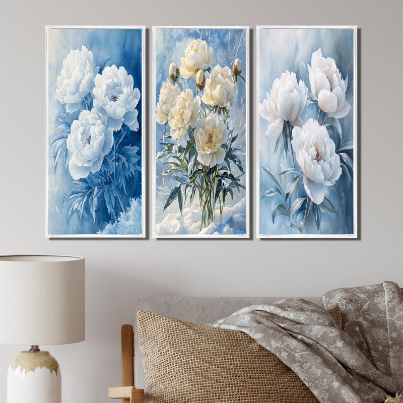 Frost Kissed Pivoines I - Collection de décorations murales traditionnelles, H 40 po x l 60 po, Impression encadrée flottante