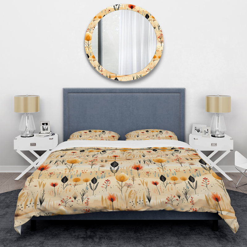Ensemble de housse de couette beige à motif de fleurs de prairie, Housse de couette pour grand lit et 2 taies décor