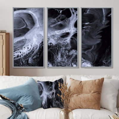 Vagues de marbre noir et blanc - ensemble d'art mural moderne sur toile encadrée 3