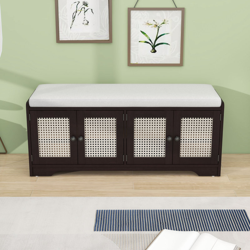 Banc de rangement rustique avec portes en rotin tissé, tablettes réglables et coussin amovible pour le vestibule, Espresso