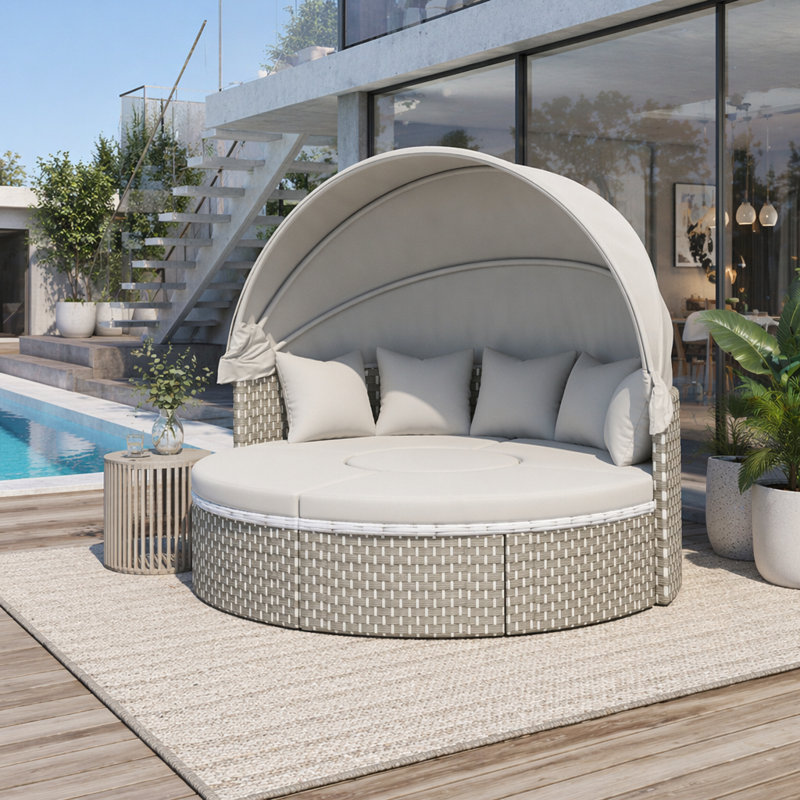 Ensemble de canapé modulaire d'extérieur rond en rotin à deux tons avec auvent rétractable, Gray