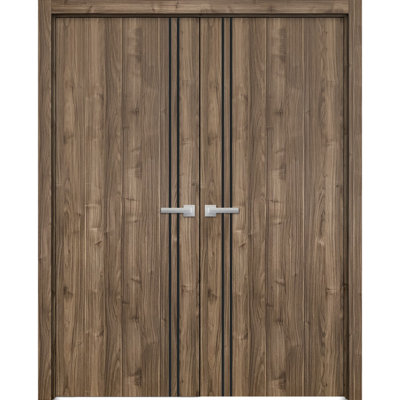 Solid French Double Doors Planum 0016 Walnut Wood Solid Panel Frame Trims Closet Bedroom Sturdy Doors 60" x 96" (2* 30x96)