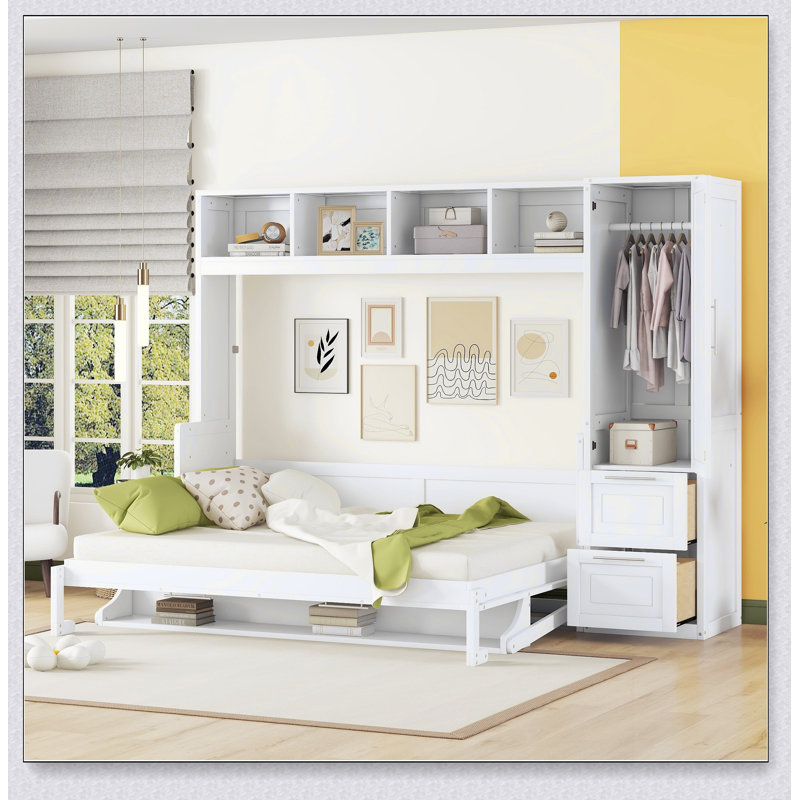 Lit escamotable avec placard et tiroirs - Lit escamotable - Rangement encastré peu encombrant, Blanc, Queen