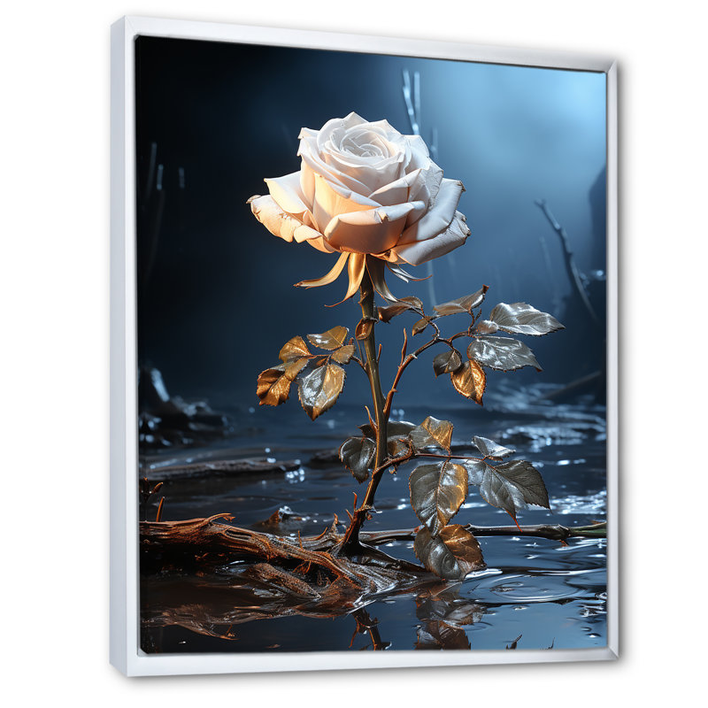 «Moonlit Flower Serenity Blooms III - Rose», art mural, Cadre flottant blanc, H 40 po x l 30 po x P 1,5 po