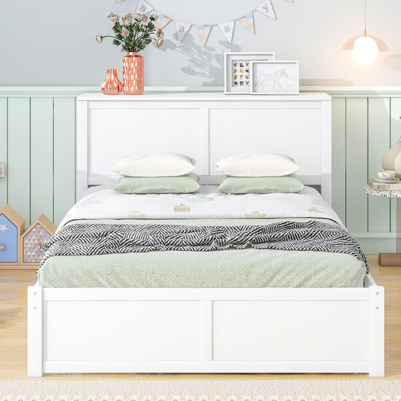 Lit double blanc avec tablettes coulissantes et lit gigogne simple - Fabriqué en bois massif pour un lit gigogne harmonieux