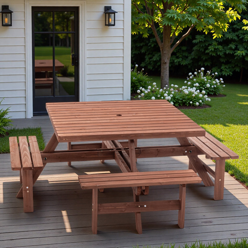 Table de pique-nique carrée 8 personnes avec trou pour parasol, surface imperméable et structure robuste