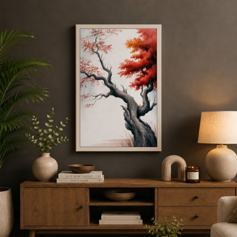Crimson Tree in Mist Japandi 1 Piece Wrapped Canvas Wall Art, 18x12 - 45.7 x 30.5 cm, Teal Border
