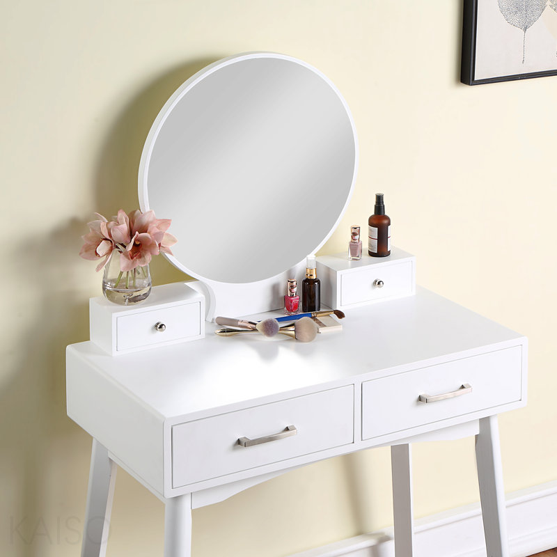 Contemporary Wood Vanity And Stool Set, White, White