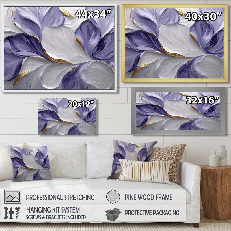 Mauve blanc élégant veines de pétales de fleurs II - fleurs abstraites, art mural, H 28 po x l 60 po, Cadre flottant, Doré
