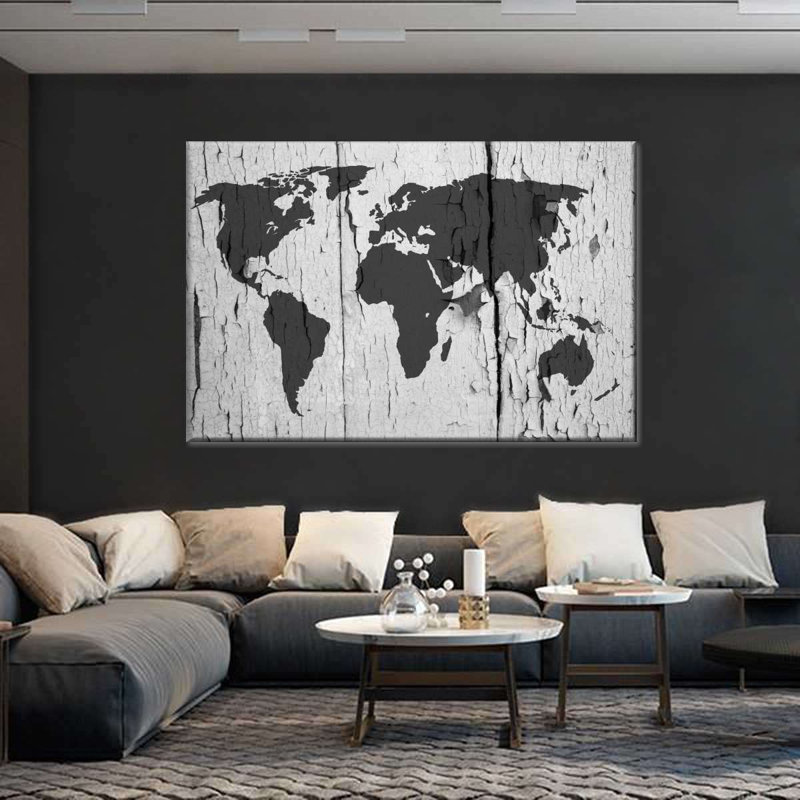 Peinture ébréchée, carte du monde sur toile, H 39 po x l 26 po x P 1,25 po