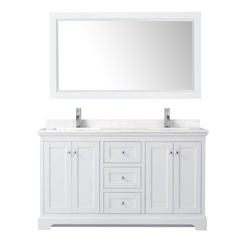 Ensemble de meuble-lavabo double 60 "avec miroir Avery, Blanc, Marbre de culture de Carrare, Chrome poli