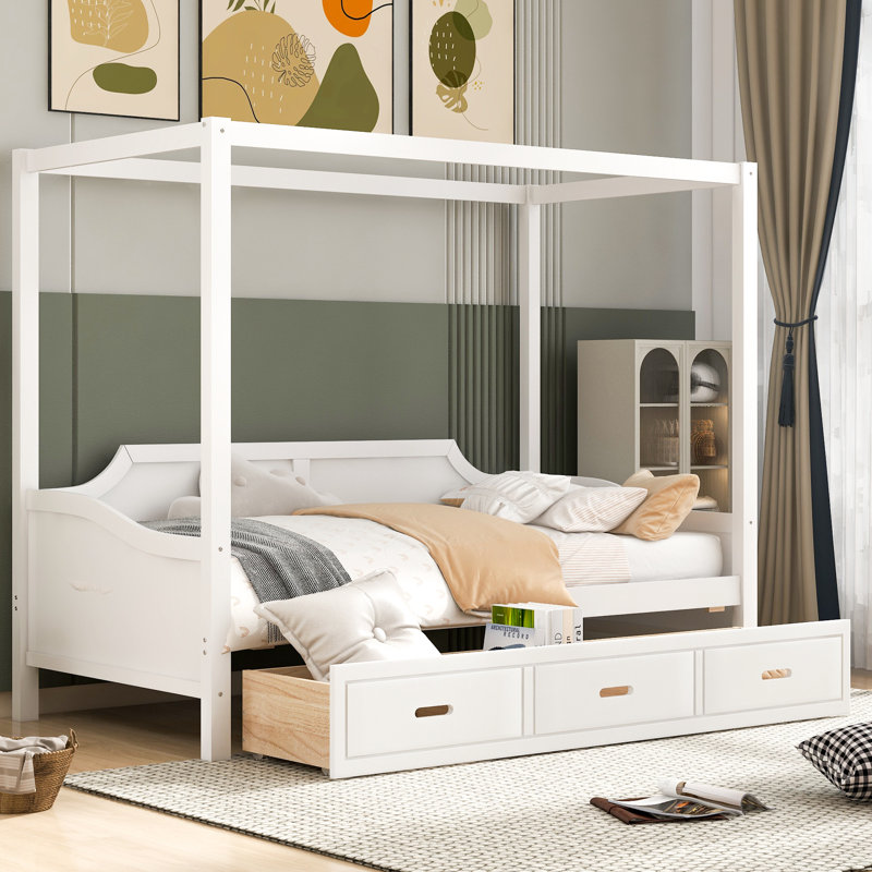 Kuster Wood Twin Size Wooden Canopy Daybed with 3 in 1 Storage Drawers, White