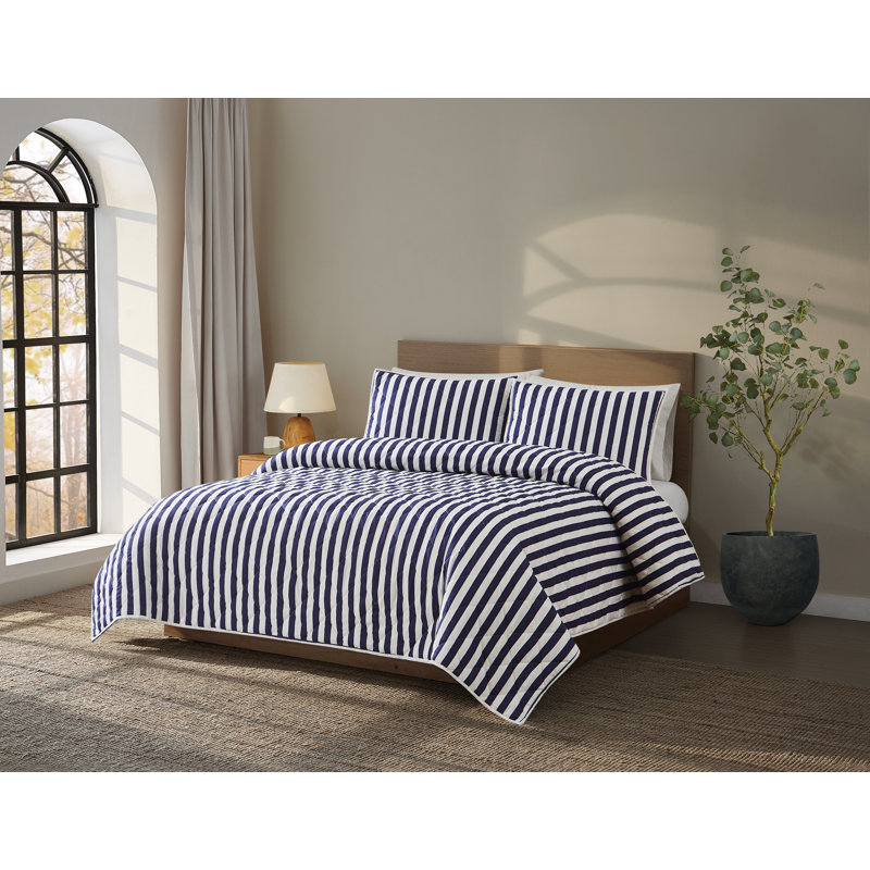 Brooklyn Loom Levi Stripe Quilt Set, Twin Quilt + 1 Standard Sham, White/Navy