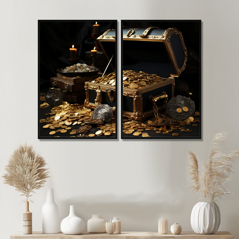«Pirates Gold Treasure 2 - People Pirate», art mural 2 pièces, 36" H x 48" W, Impression encadrée flottante, Black