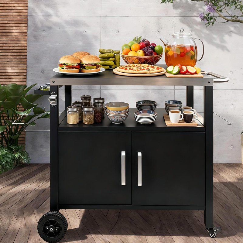 Chariot de cuisine d'extérieur avec armoire de rangement, table de préparation des aliments mobile en acier inoxydable, support de four à pizza