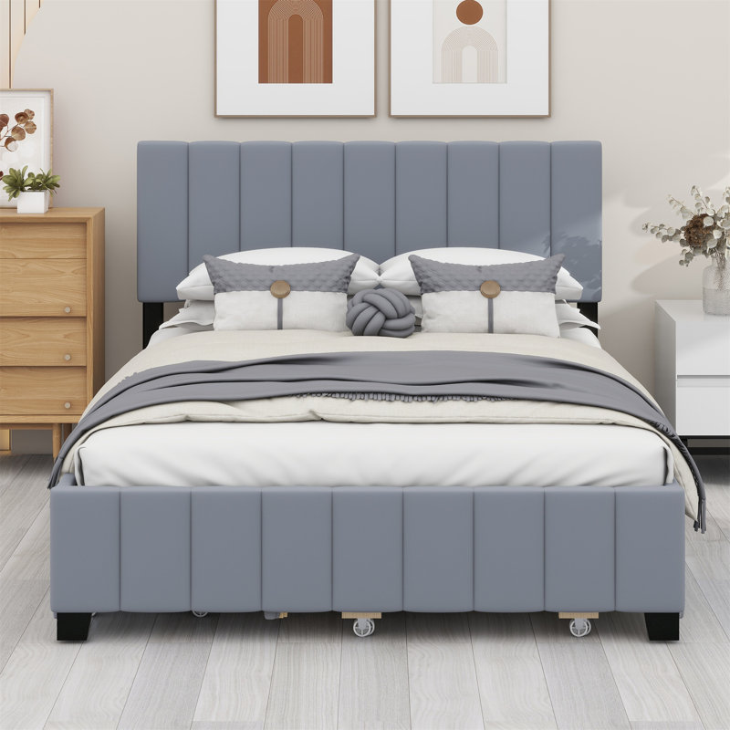 Lit plateforme tapissier avec 2 tiroirs et lit gigogne, Gris