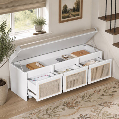 Banc de rangement pour chaussures 48 po, banc de rangement rétro avec tiroirs en rotin et coussin rembourré capitonné pour le salon, le couloir, le vestibule, l'escalier, 5 couleurs disponibles