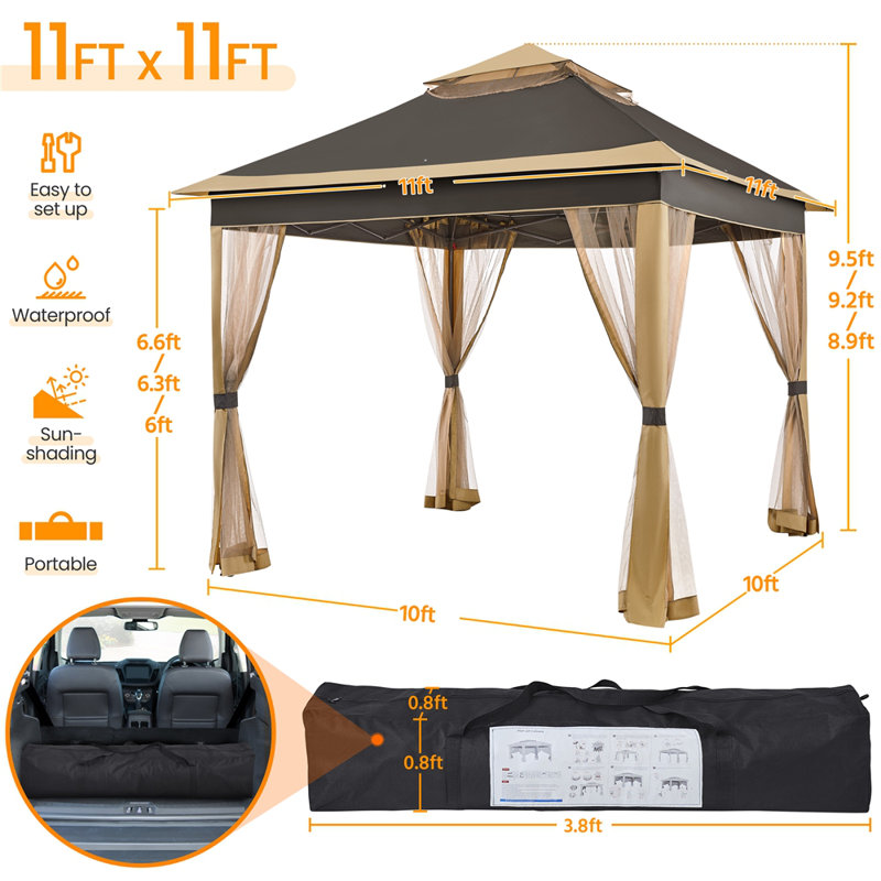 11×11 FT Pop-Up Gazebo Tent with 4 Mesh Sidewalls, Brown