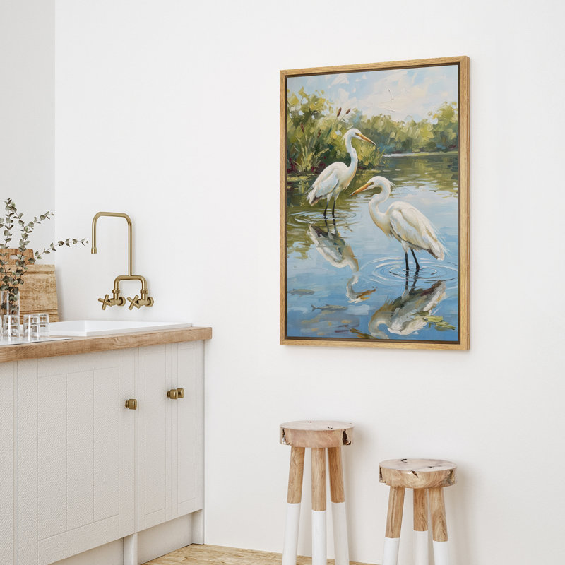 «White Herons» debout dans l'eau, scène de jardin encadrée, reproduction d'art sur toile, H 24 po x l 16 po x P 1,5 po