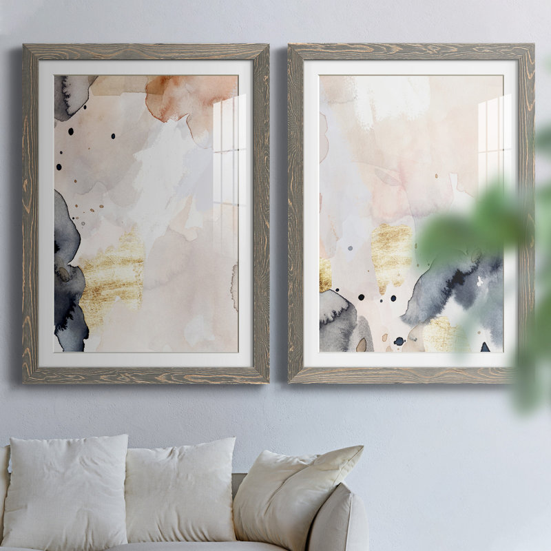 Indigo Blush and Gold III - ensemble de 2 peintures encadrées, H 31,5 po x l 43,5 po x P 1 po, Gris