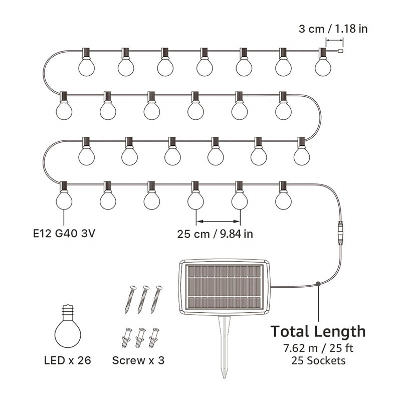Alero 760cm Solar Powered 26 - Bulb Festoon Lights String Light