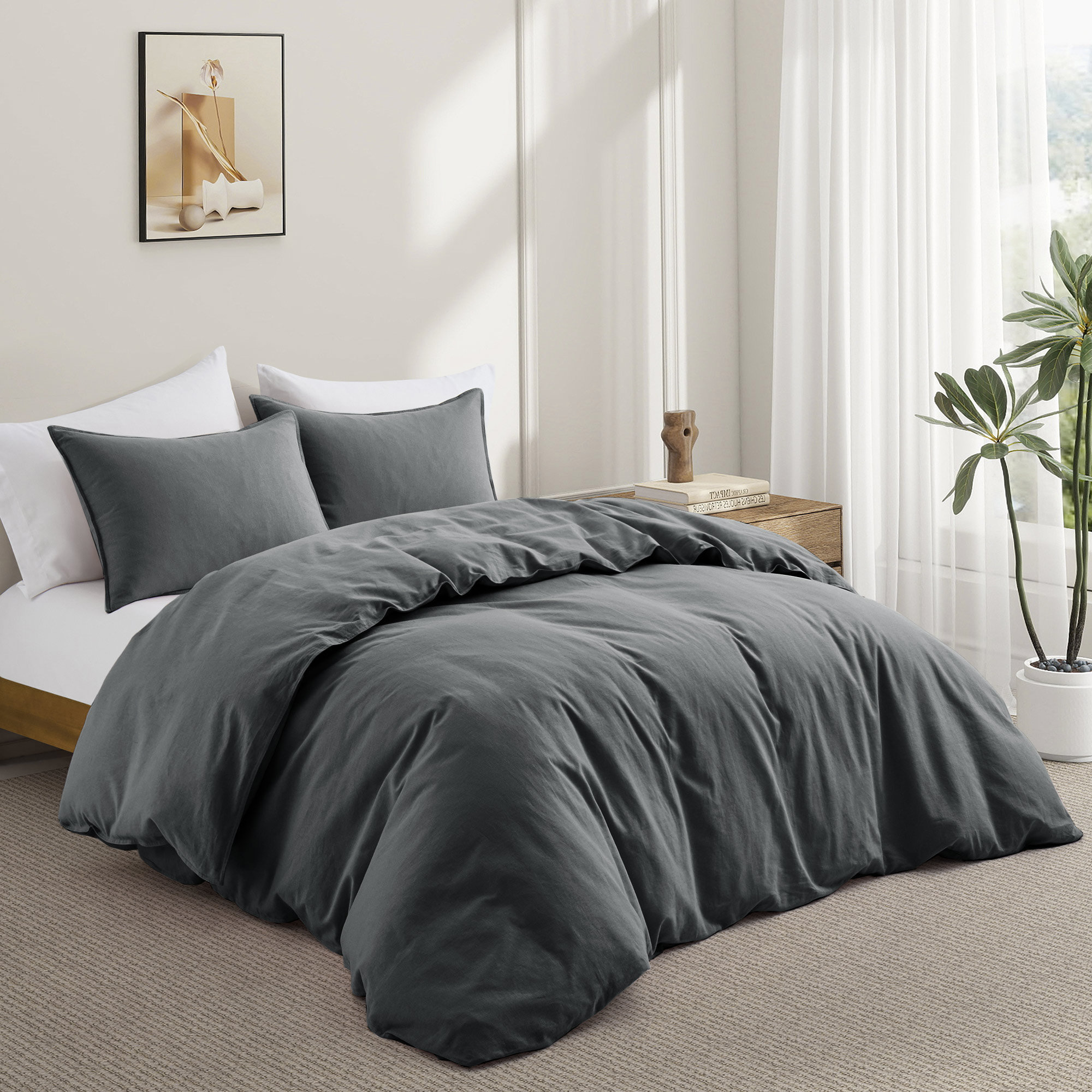 Boseman Linen Blend Duvet Cover Set, Charcoal Gray, King Duvet Cover + 2 King Pillowcases