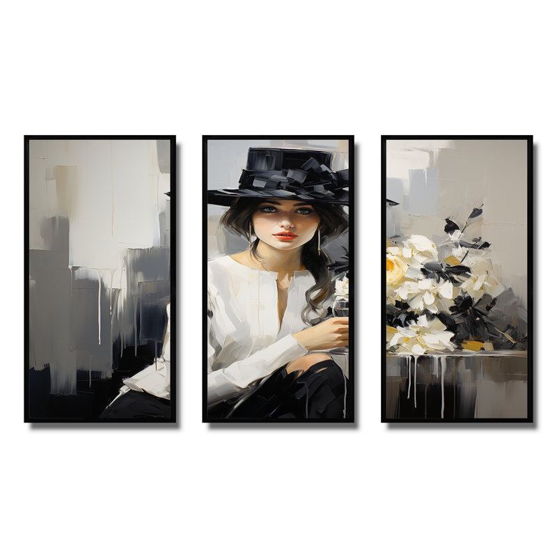 Élégance, portrait en mode monochrome I - art mural , H 28 po x l 36 po, Cadre flottant noir