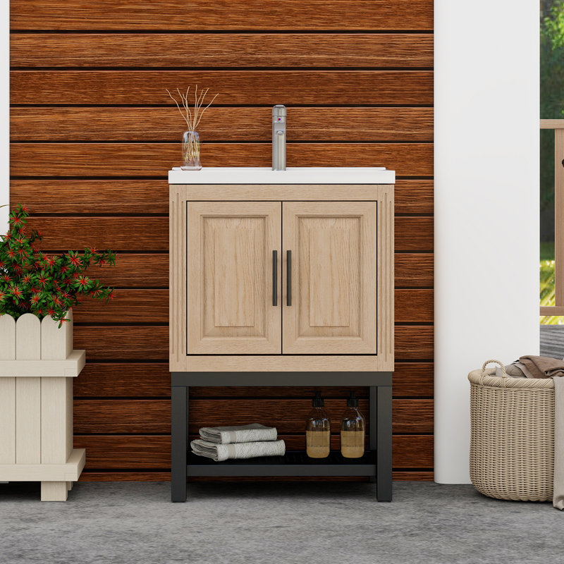 24" Bathroom Vanity With White Ceramic Sink & Hot And Cold Faucet , Freestanding Bathroom Cabinet With 2 Storage Doors And Open Iron Shelf For Bathroom