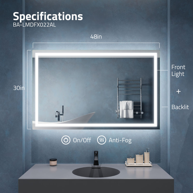 ANZZI 30-in. x 48-in. Frameless Wall Mounted LED Front/Back Light Bathroom Mirror with Defogger