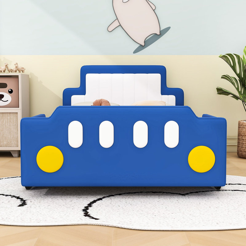 Lit plateforme simple avec roulettes Amarionna, Bleu