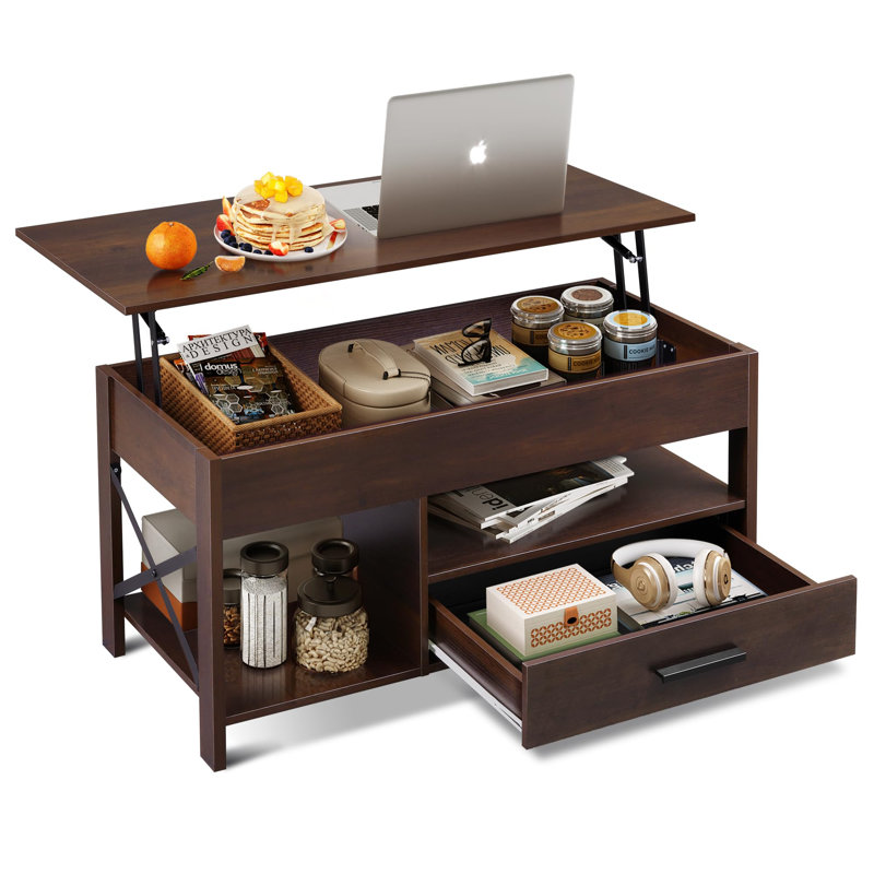 Table basse, table basse à plateau relevable de 39 po avec compartiment caché, tiroirs de rangement et tablette de rangement pour le salon, la salle de réception, espresso