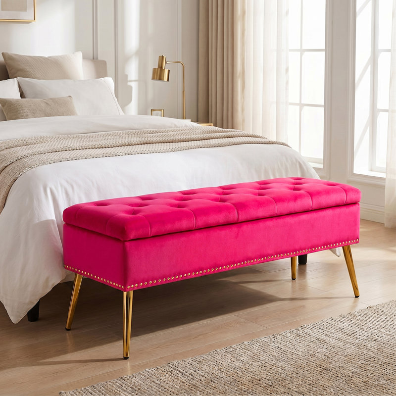 Banc de rangement rembourré en velours Kajana, Velours fuchsia