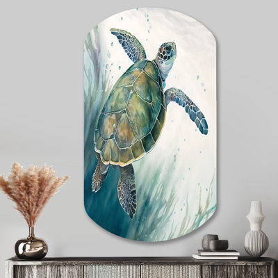 Aquarelle, tortue, natation I - animaux, tortue, forme cylindrique, art mural en métal