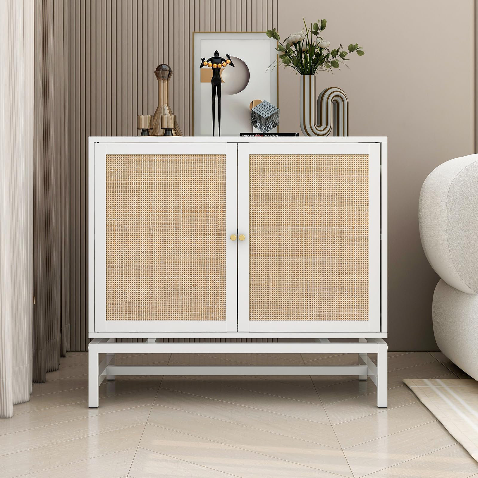 Accent Cabinet with Natural Rattan & Iron Bracket, Sideboard Buffet Console Table, Storage Cabinet Bay Isle Home Color: White/White