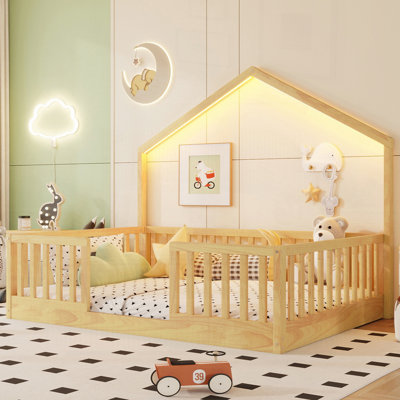 Lit sur pied avec rails hauts, lit Montessori en bois avec lumière