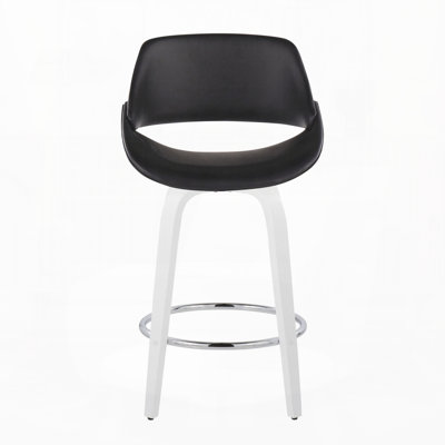 Tabouret de bar à hauteur fixe avec pivot en bois blanc et similicuir noir avec repose-pieds rond chromé, ensemble de 2