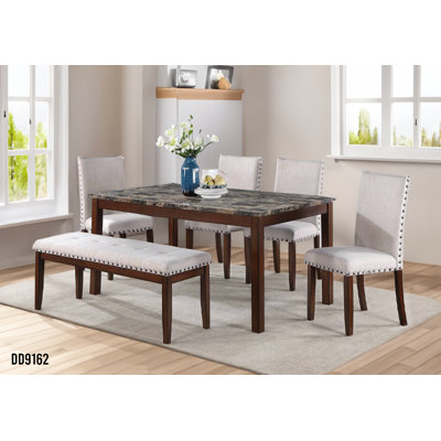 Cornouiller 6 Pcs Beige Fabric Dining Set Faux Marble Table + 4 Chairs + Bench