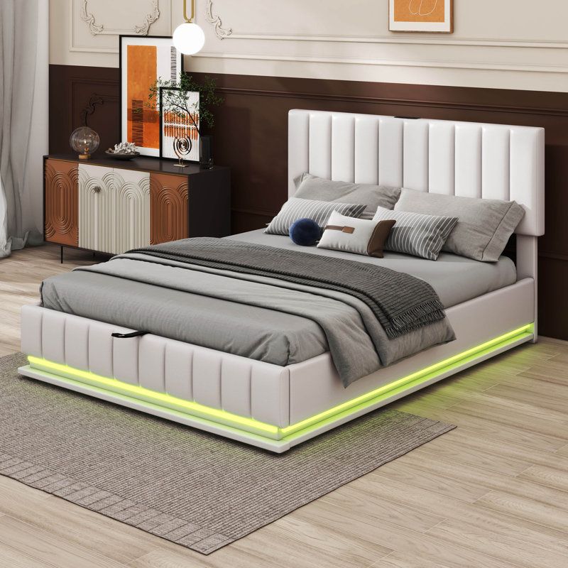 Upholstered Bed With Hydraulic Storage System And LED Light, White, Queen