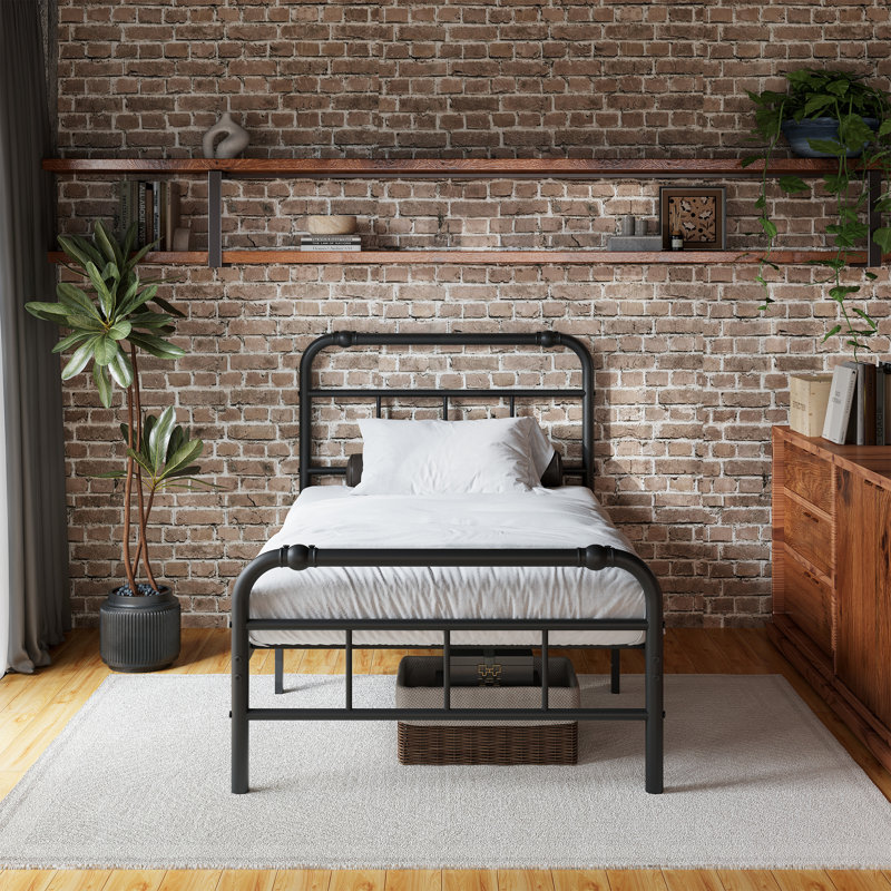 18"H Heavy-Duty Easy Assembly Metal Platform Bed Frame with Industrial Style Headboard & Footboard, Twin