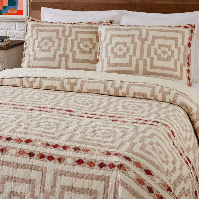 Hypnotic 100% Cotton Boho Lightweight Quilt Set, Full/Queen Quilt + 2 Shams, Cream