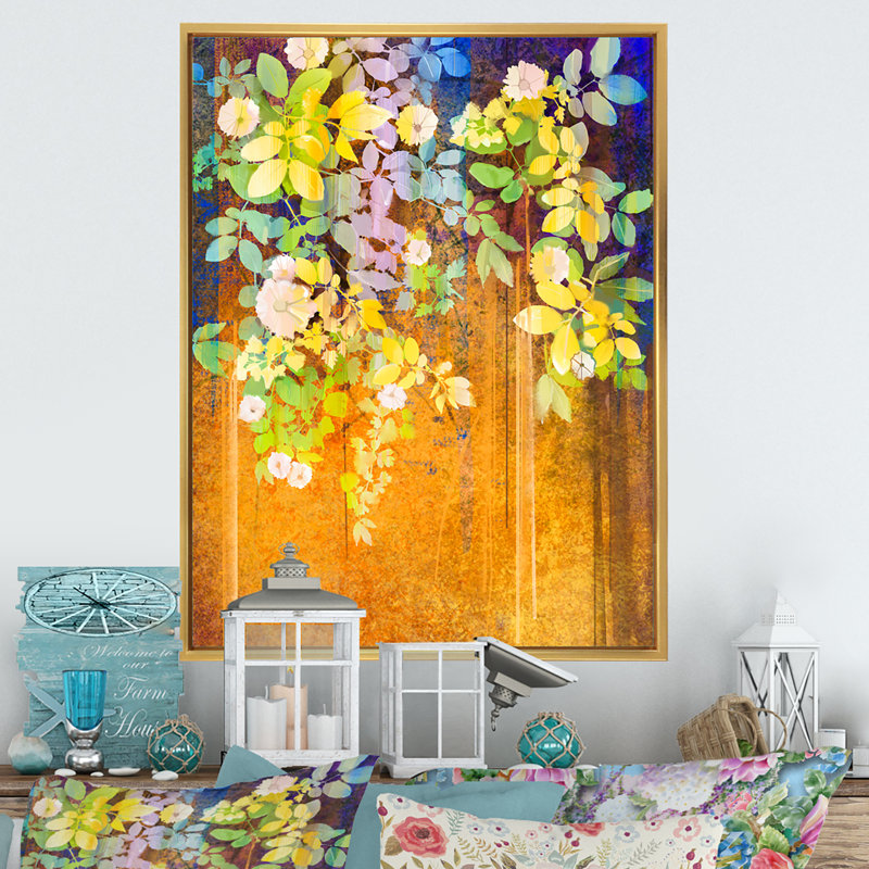 Pétales de printemps grunge - peinture, H 32 po x l 16 po x P 1 po, Cadre flottant doré