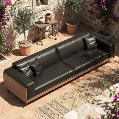 Canapé d'extérieur 106,3 po avec garniture en bois massif, assise profonde en similicuir 4 personnes avec 2 coussins, noir