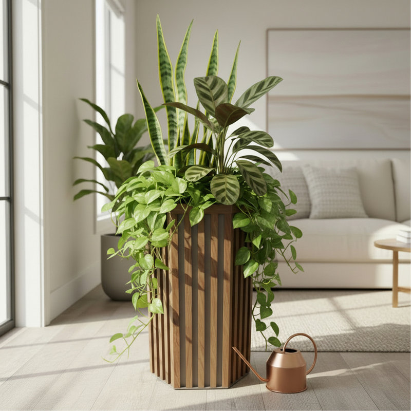 Pot à fleurs Hexagon Colonne MD - Brun moyen, 22.25" H x 13.5" W x 11.75" D, Chestnut