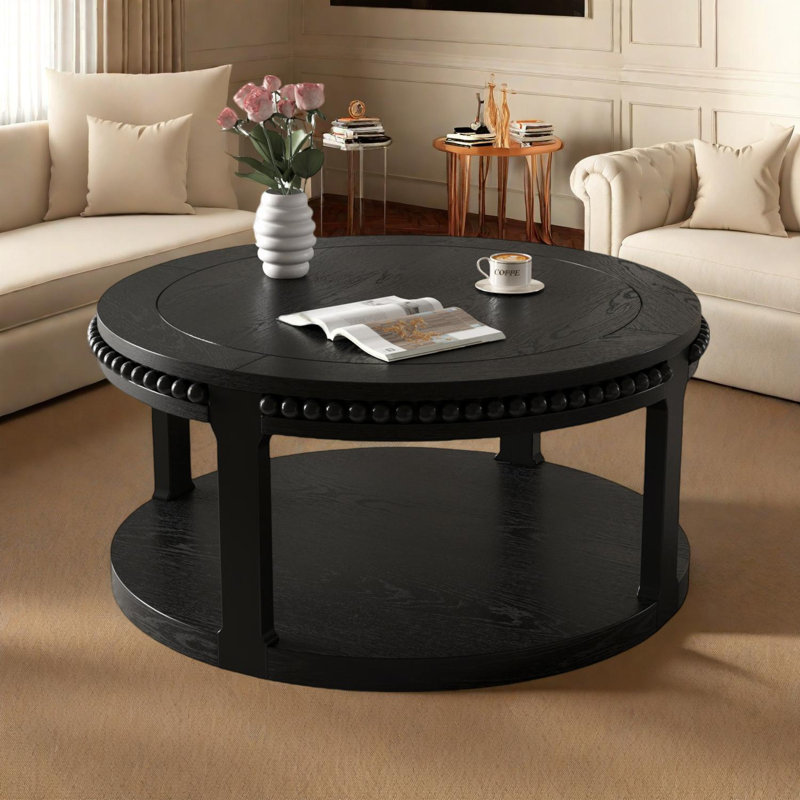 Table basse ronde en bois massif de 31,5 pouces - Conception à deux niveaux avec pieds robustes, Noir