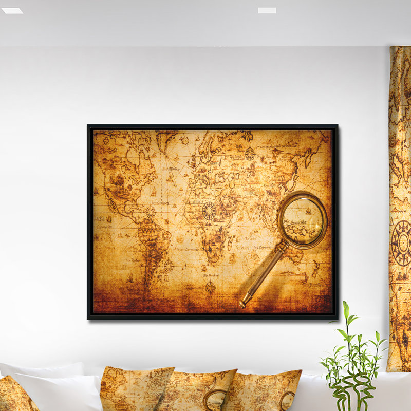Loupe sur la carte du monde - impression d'art graphique, H 16 po x l 32 po x P 1 po, Toile avec cadre flottant