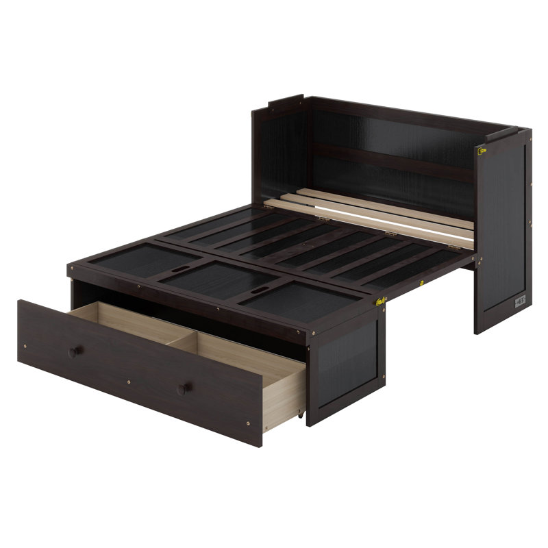 Wyncote Queen Size Murphy Bed, Solid Wood Murphy Bed Frame With USB Port And A Large Drawer, Espresso