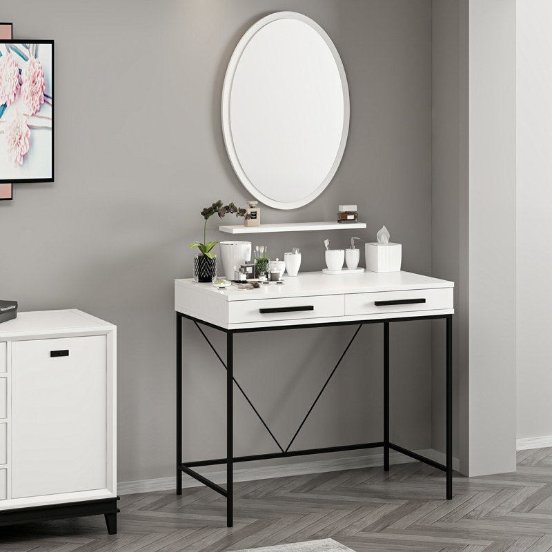 Elegant Make-Up Table with Mirror, White Finish, 35.4 x 31.5 x 17.7 inches | 100% Melamine Coated Particle Board, Durable 0.7 inches Thickness | Ideal for Bedroom & Vanity Spaces, Stylish & Functional Design