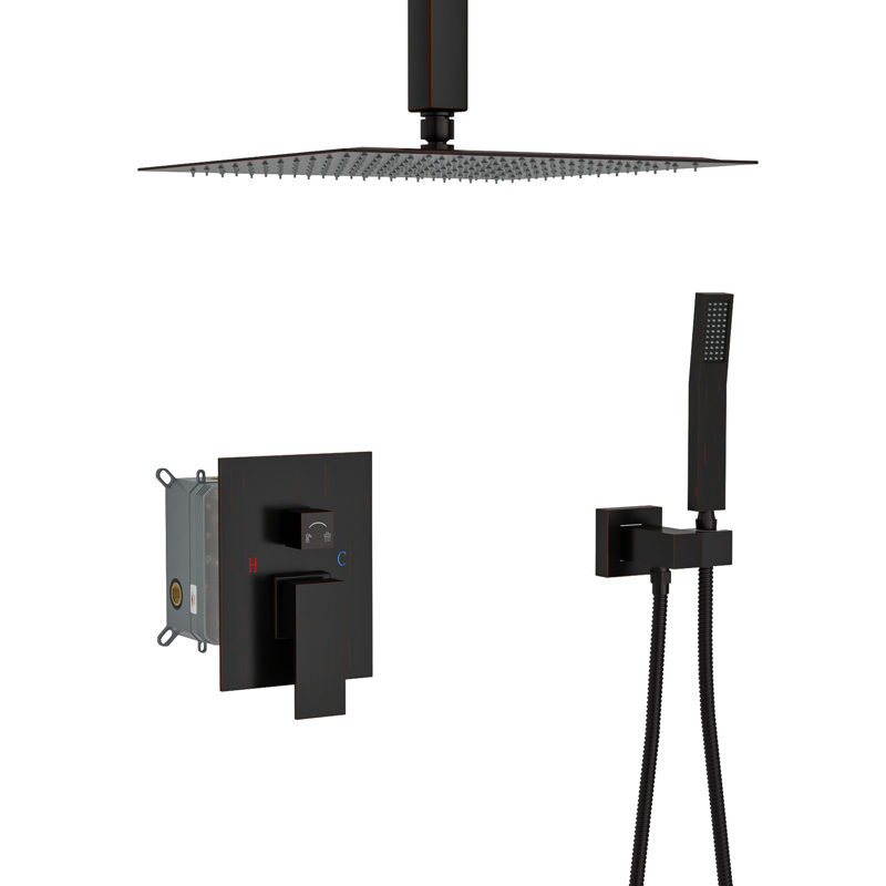 Douche de 16 pouces à double fonction de plafond, conception carrée, finition bronze huilé, douche à effet pluie et système de fixation à fonctions d'échaudage avec valve équilibrée, tête de pluie pivotante à 360 °, facile